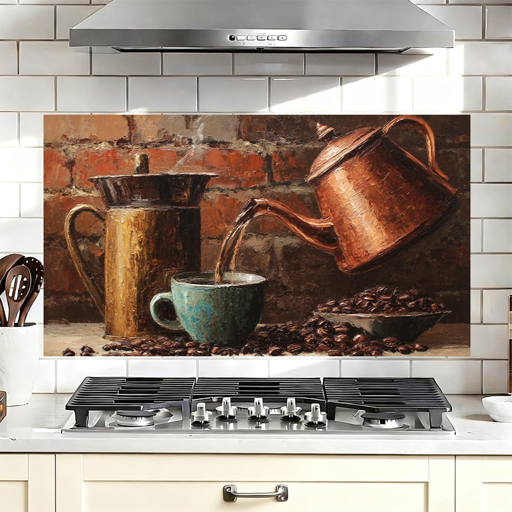 Peel and Stick Backsplash for Kitchen Stove, Oil Proof Murals for Fireplace Decor, Removable Self-Adhesive paper for Mother's Day, Waterproof Vinyl Cafe Decal, 30.3"W x 16.1"H Vintage Coffee Art