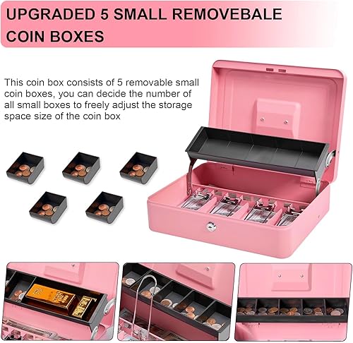 Miniatura 3 de Caja de dinero de metal con bandeja y cerradura de llave, cajas de efectivo con bloqueo escalonado, caja de seguridad duradera con llave, 4 billetes