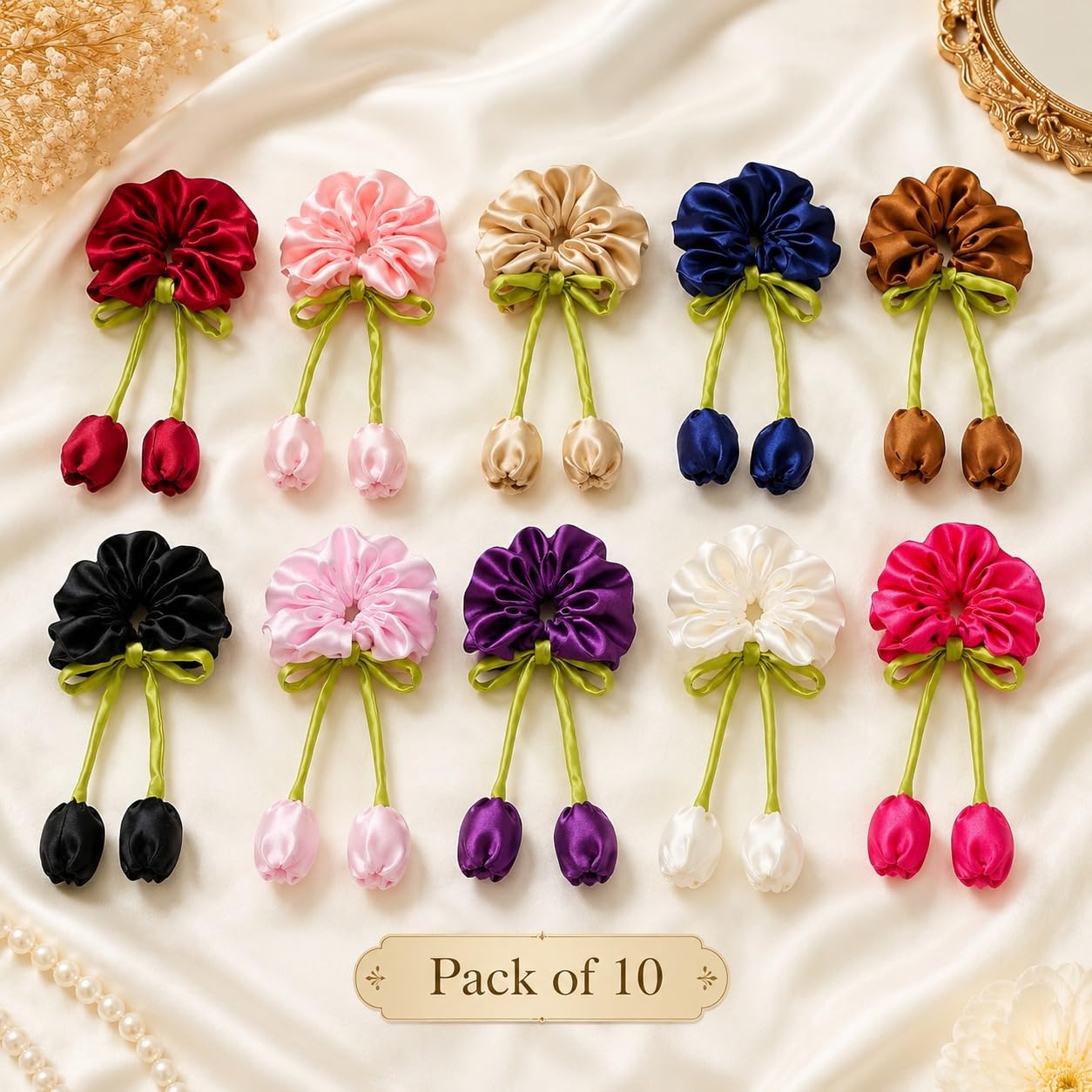 Satin Hair Scrunchies Tulip Pattern for Women & Girls | Soft Elastic Ponytail Bands | Comfortable Stretchable Hair Accessories Set-image-40