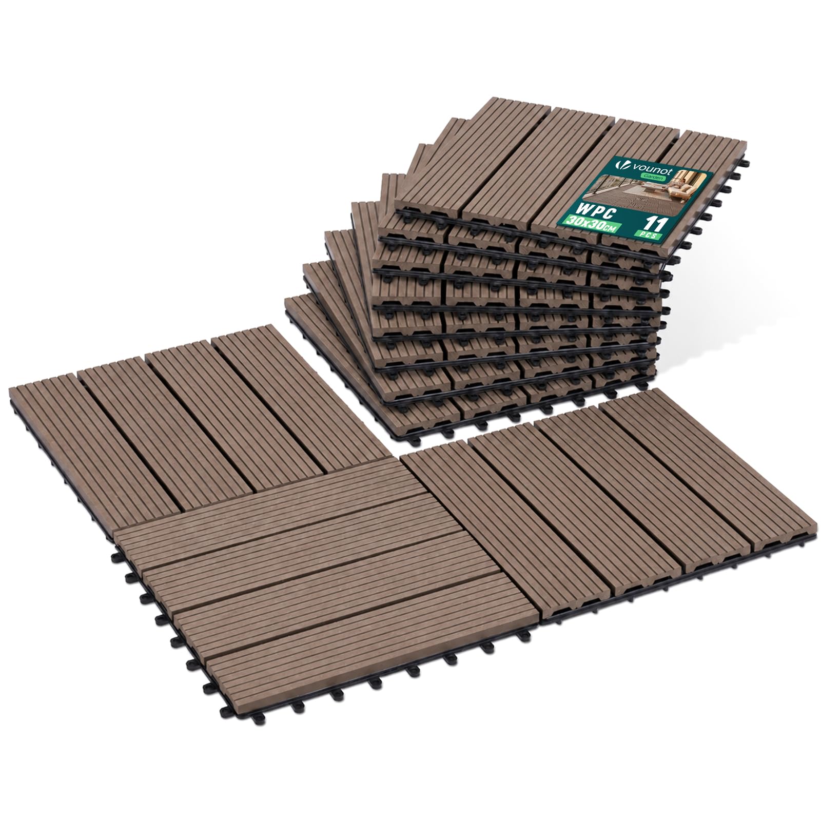 VOUNOT® WPC Decking Tiles Set of 11, Interlocking Terrace Deck Tiles, Anti-Slip Waterproof Outdoor Garden Patio Balcony Flooring, 30 x 30 cm, Brown