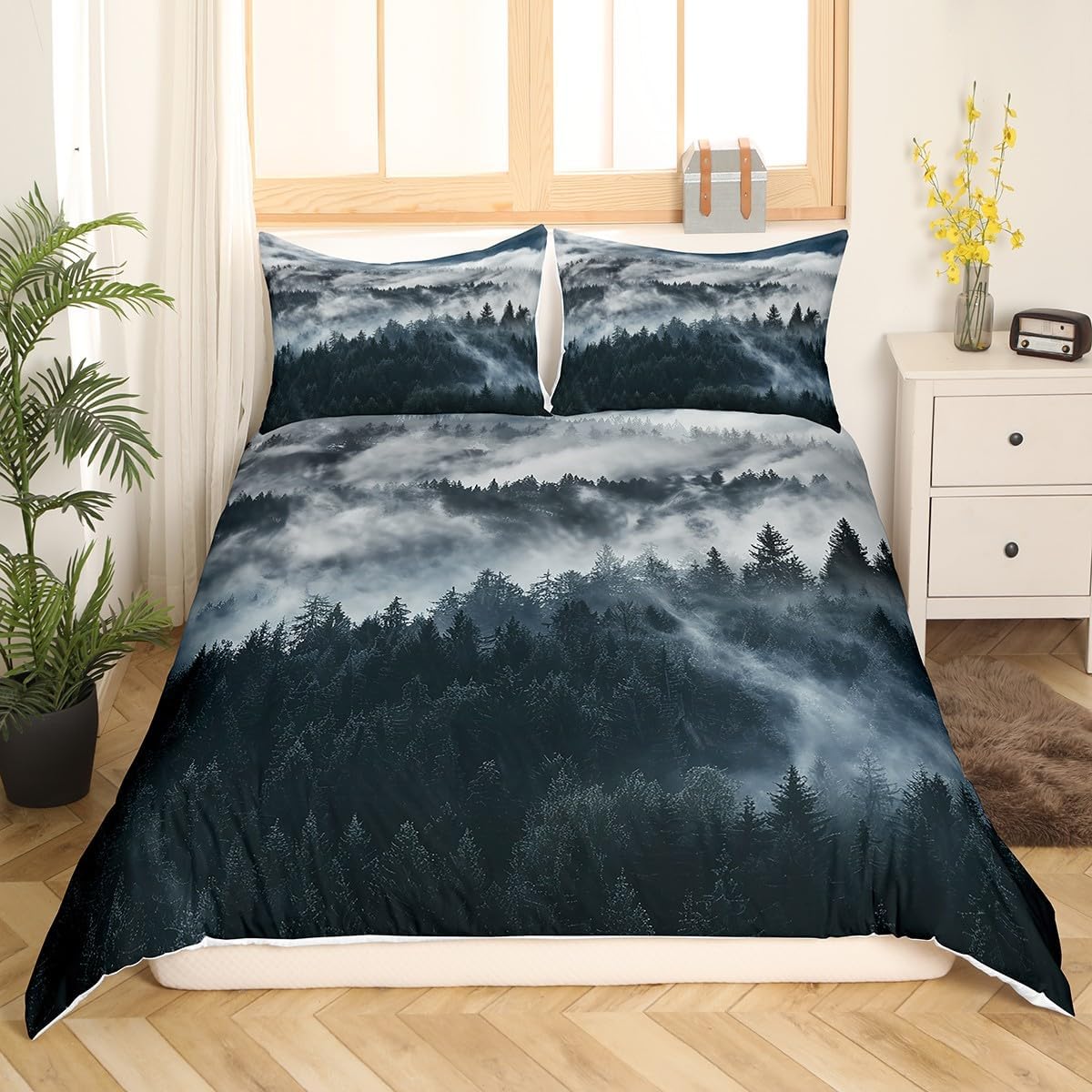 Smoky Mountain Bedding Pineforest Duvet Cover King Grey Trees Natural Scenery Art Comforter Cover Mountain with Firforest and Arrow Folk Style Retro Print Decorative Bedding Set with 2 Pillow Shams
