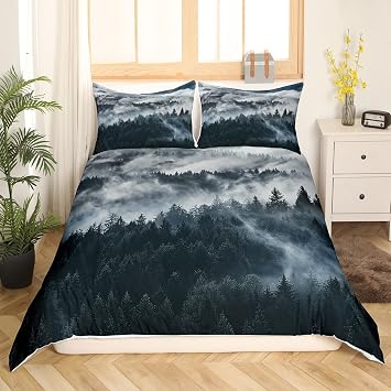 Smoky Mountain Bedding Pineforest Duvet Cover King Grey Trees Natural Scenery Art Comforter Cover Mountain with Firforest and Arrow Folk Style Retro Print Decorative Bedding Set with 2 Pillow Shams