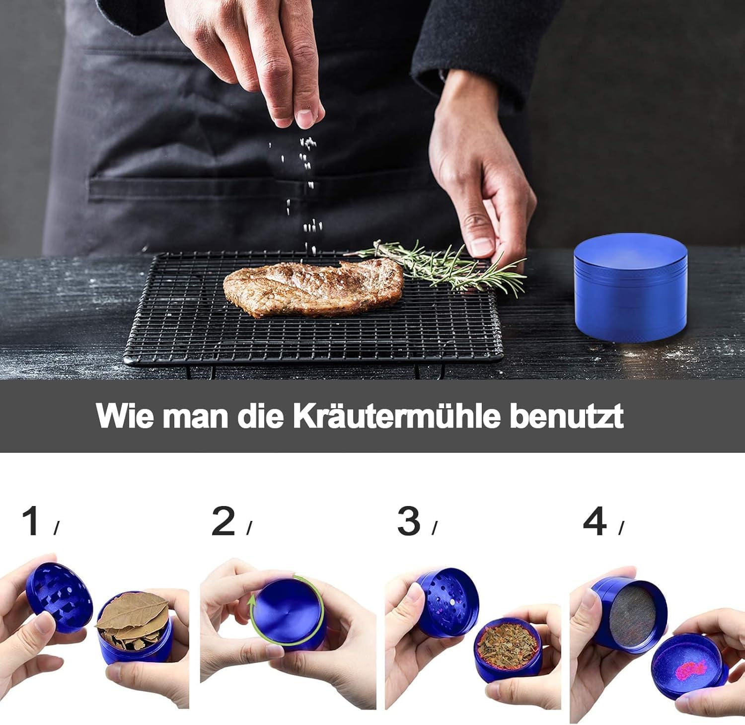 Molinillo de polen, aleación de cinc, molinillo para hierbas, especias, hierbas, café, juego de 4 piezas con raspador de polen, color azul