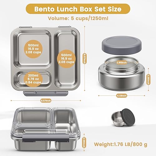 Miniatura 5 de Caja Bento de Acero Inoxidable para Niños y Adultos con Termo para Sopa de 7oz, Tapa Transparente, Caja de Almuerzo Metálica de 3 Compartimentos con