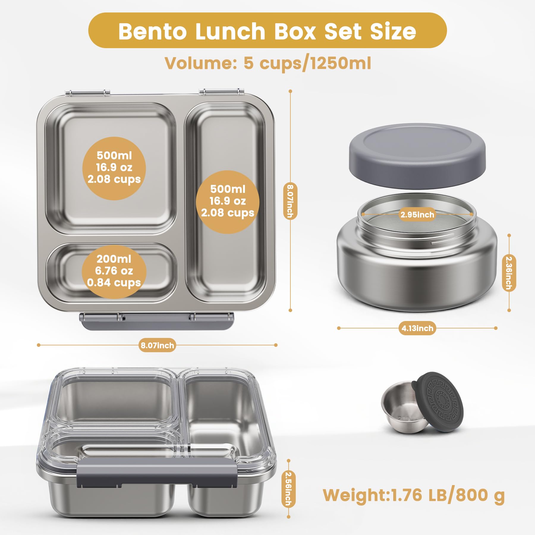 Itslife Bento Lunch Box Adulti Bambini in Acciaio Inox con 200ml Contenitore Termico per Alimenti, Porta Pranzo 3 Scomparti con Contenitore per Salse, per Lavoro Picnic Ufficio, senza BPA, Grigio