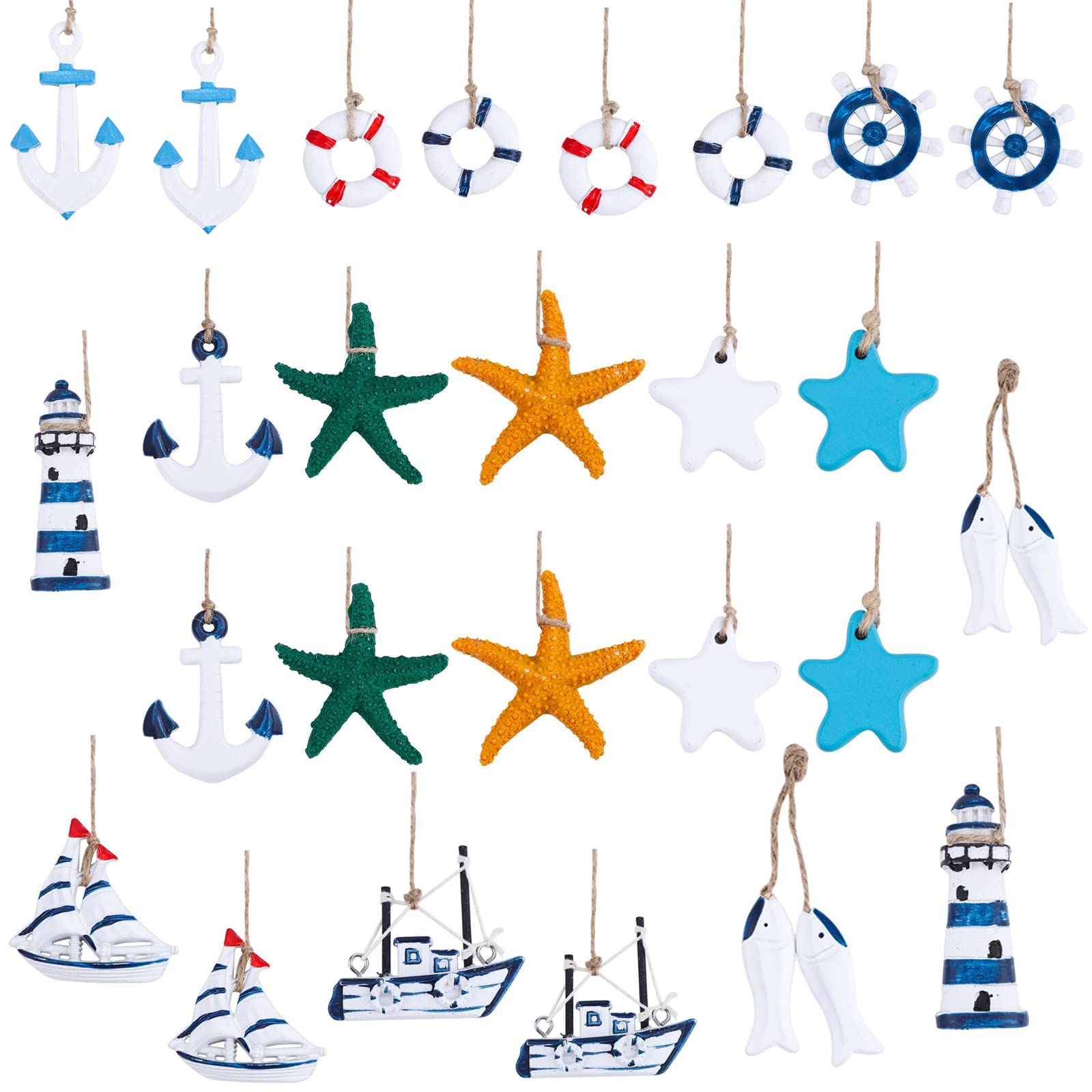 26 pcs Nautical Marine Decoration Kit, Nautical Hanging Decoration Resin Starfish Ornaments Starfish/Boat/Anchor/Lighthouse/Helm/Anchor/Swim Ring Beach Coastal Wall Ornaments