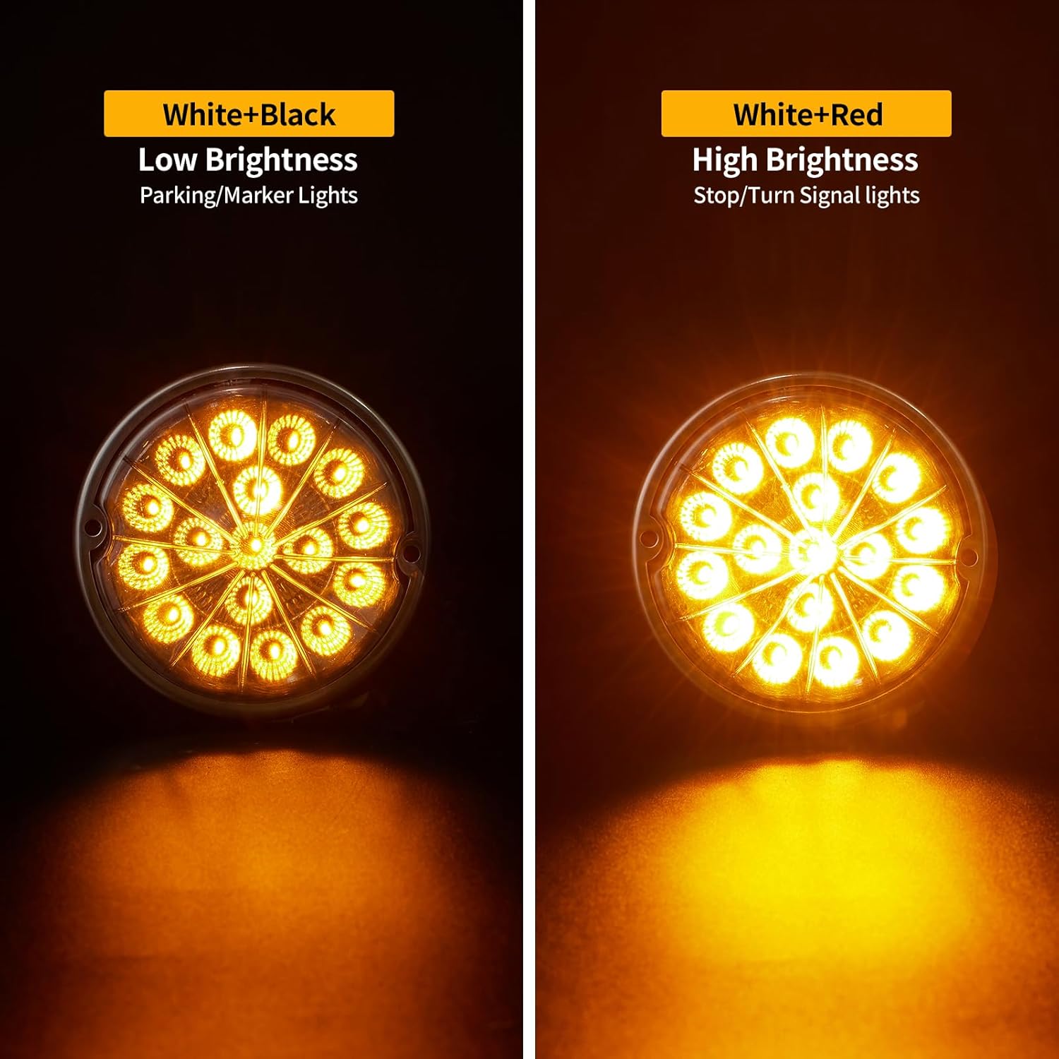 2PCS Multi-function Watermelon Lights - 17 LED Clear Lens with Stainless Steel Bezel Stop Turn Signal Marker Lights Side Light for Freightliner Kenworth Peterbilt Trailer Heavy Trucks (Amber+Purple)