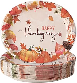 50 Count Thanksgiving Oval Paper Plates, 10" x 12.5" Large Disposable Dinner Serving Party Platters Heavy Duty, Pumpkin Fall Harvest Party Supplies Thanksgiving Decor