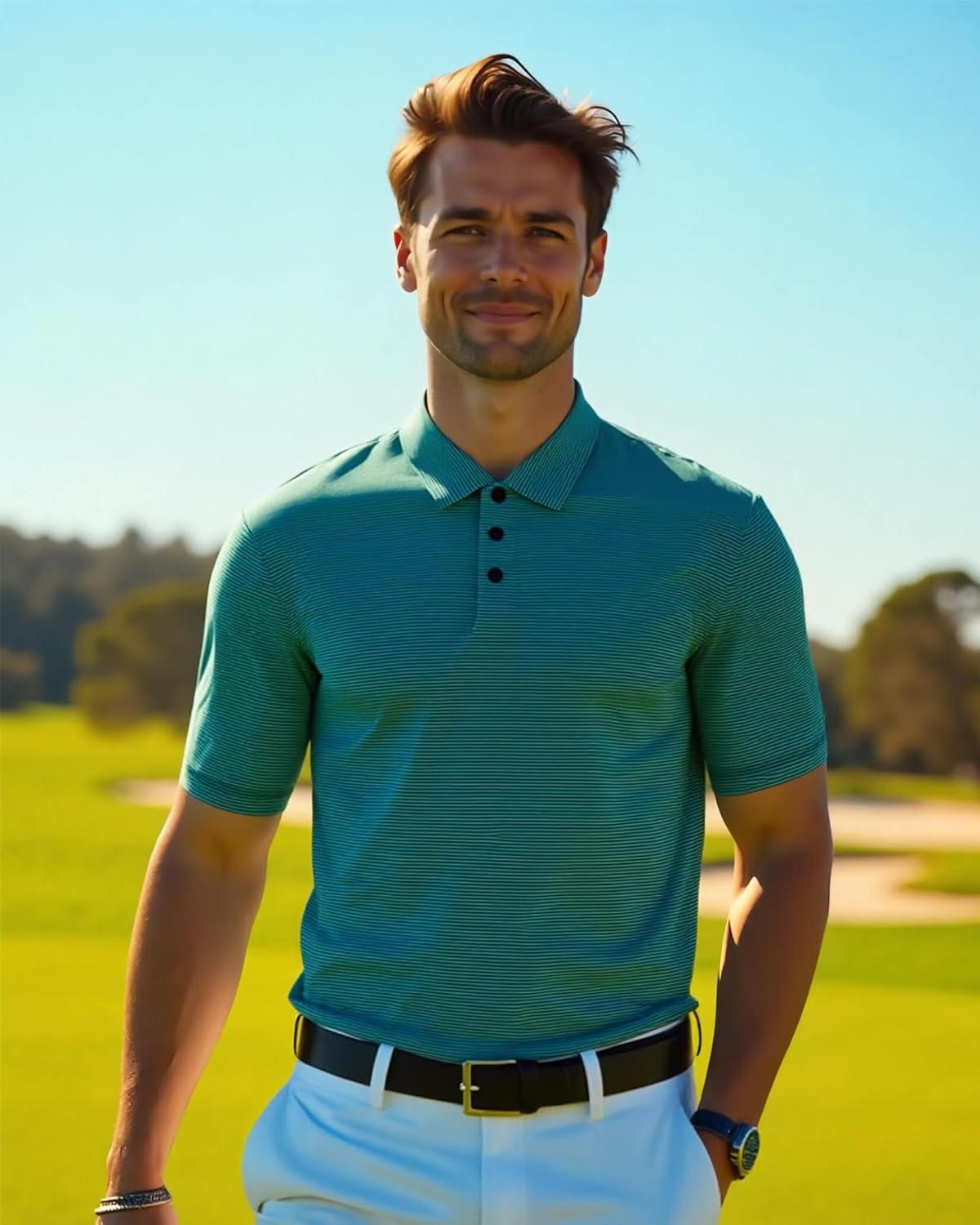 Men's Polo Shirts Short Sleeve Performance Dry Fit Moisture Wicking Pin Striped Golf Shirts for Men