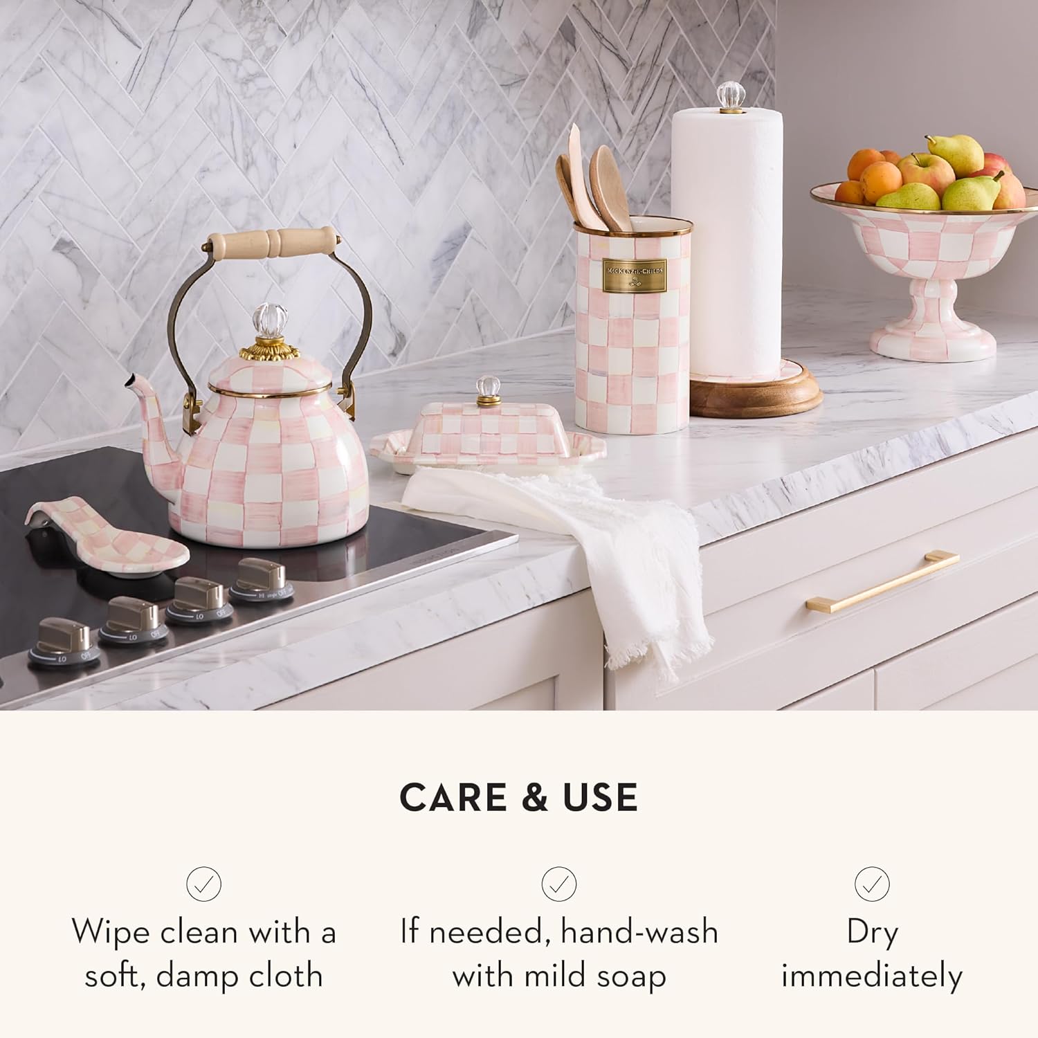 MACKENZIE-CHILDS Enamel Utensil Holder, Kitchen Utensil Holder for Countertop, Storage Caddy, Pink-and-White Rosy Check