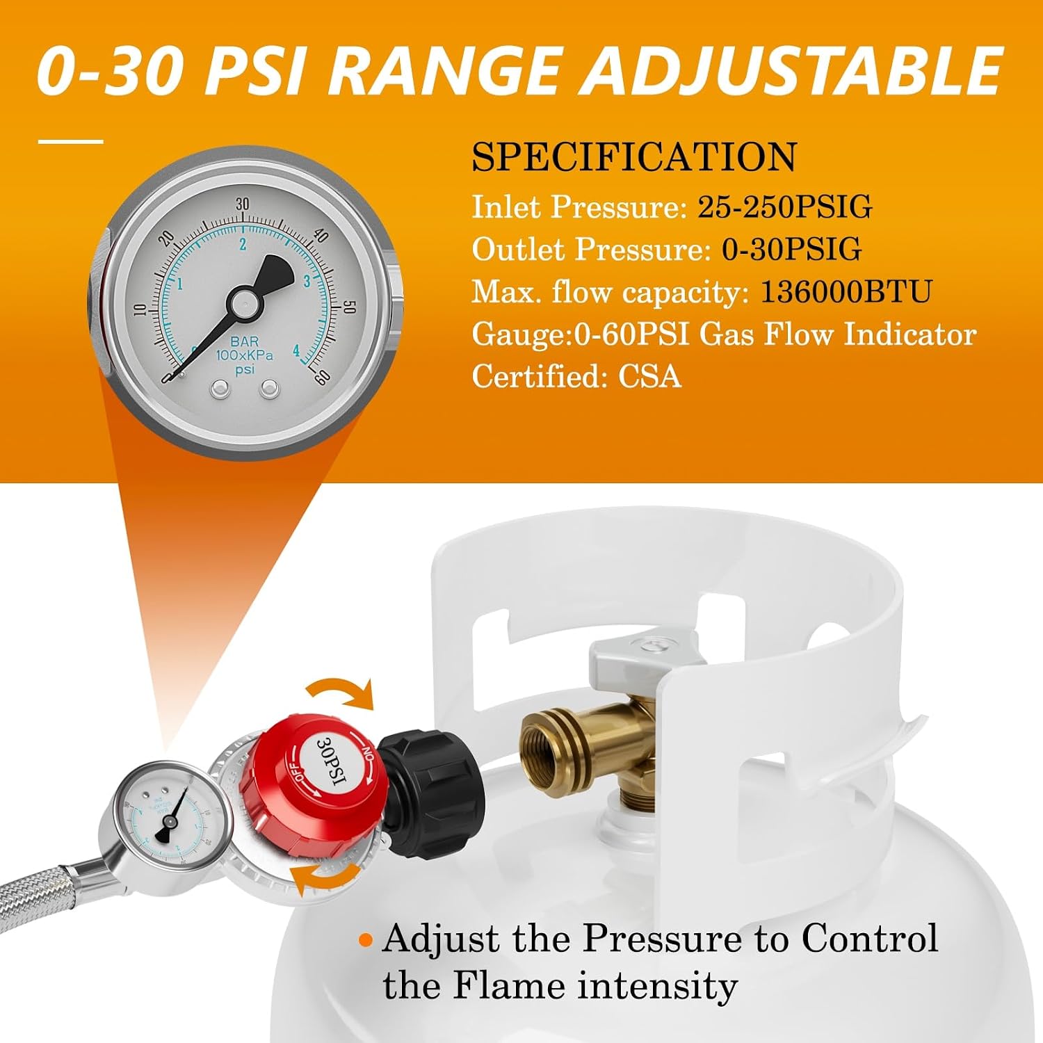 NUPICK 12FT 0-30 PSI Adjustable High Pressure Propane Regulator with 0~60PSI Gauge Gas Flow Indicator，Propane Regulator with Hose for LP Gas Cooker, Burner, Turkey Fryer, Smoker