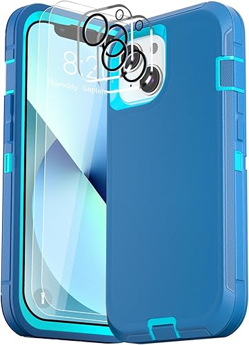 Funda para iPhone 13 (6.1 pulgadas), con 2 protectores de pantalla de vidrio templado + 2 protectores de lente de cámara protección contra caídas de