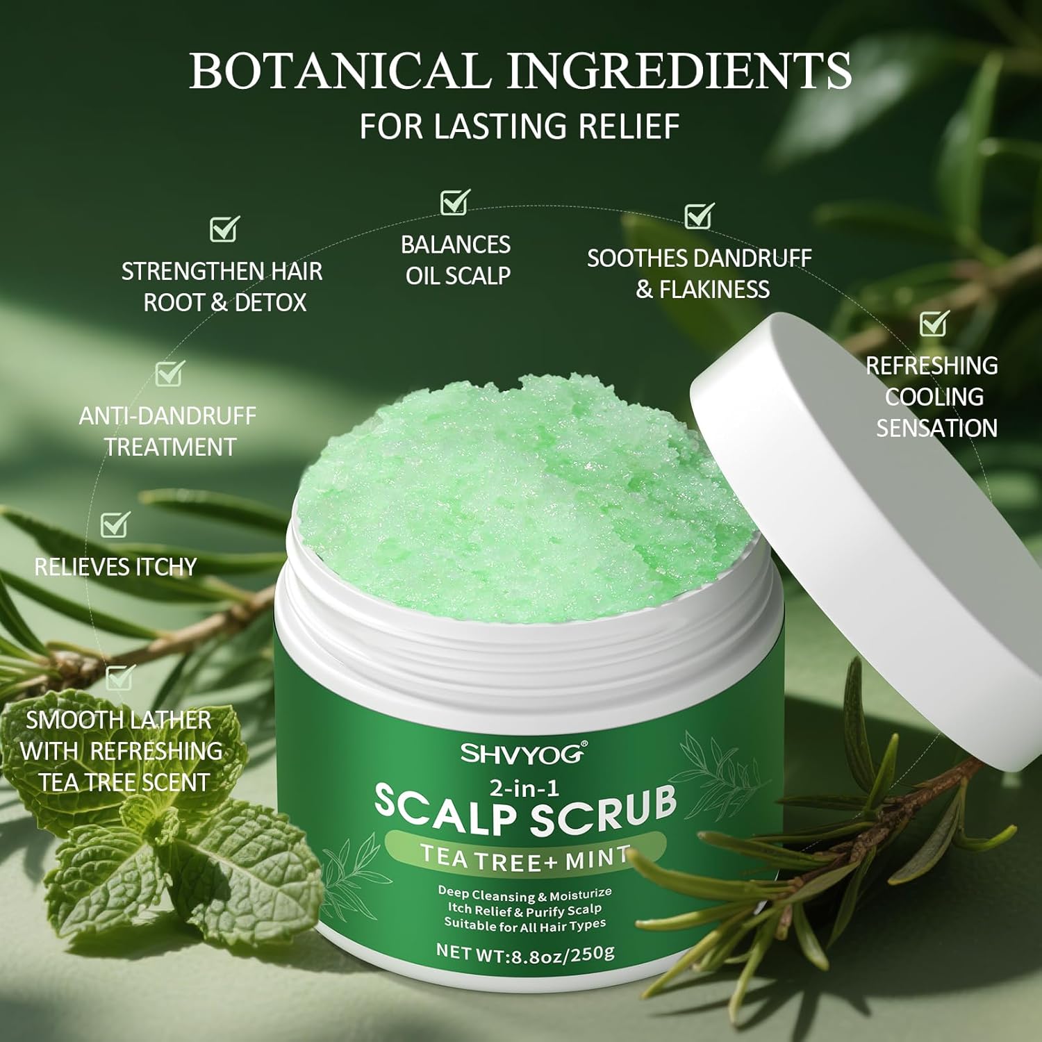 SHVYOG Scalp Scrub, Tea Tree & Coconut Oil Exfoliator Scrub for Itchy Scalp, Anti-Dandruff Detox Clarifying Exfoliator Shampoo with Sea Salt, Scalp Treatment with Scalp Scrubber - Image 2