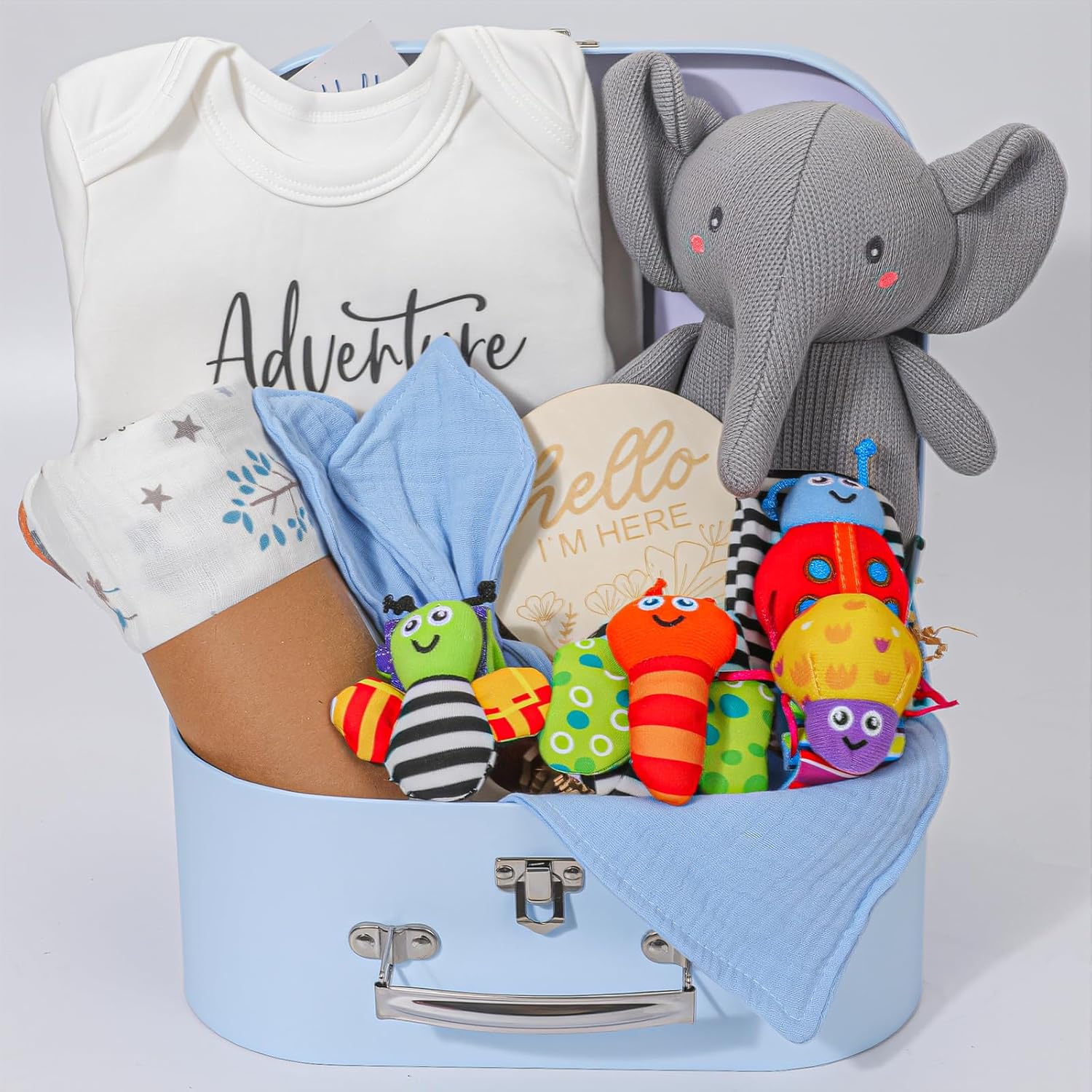 Baby Boy Gifts for Baby Shower, 11pcs Newborn Essential Basket Includes Newborn Blanket,Onesie,Wooden Rattle,Welcome Baby Gift Box Gender Reveal Infant Boy Gift Basket Set
