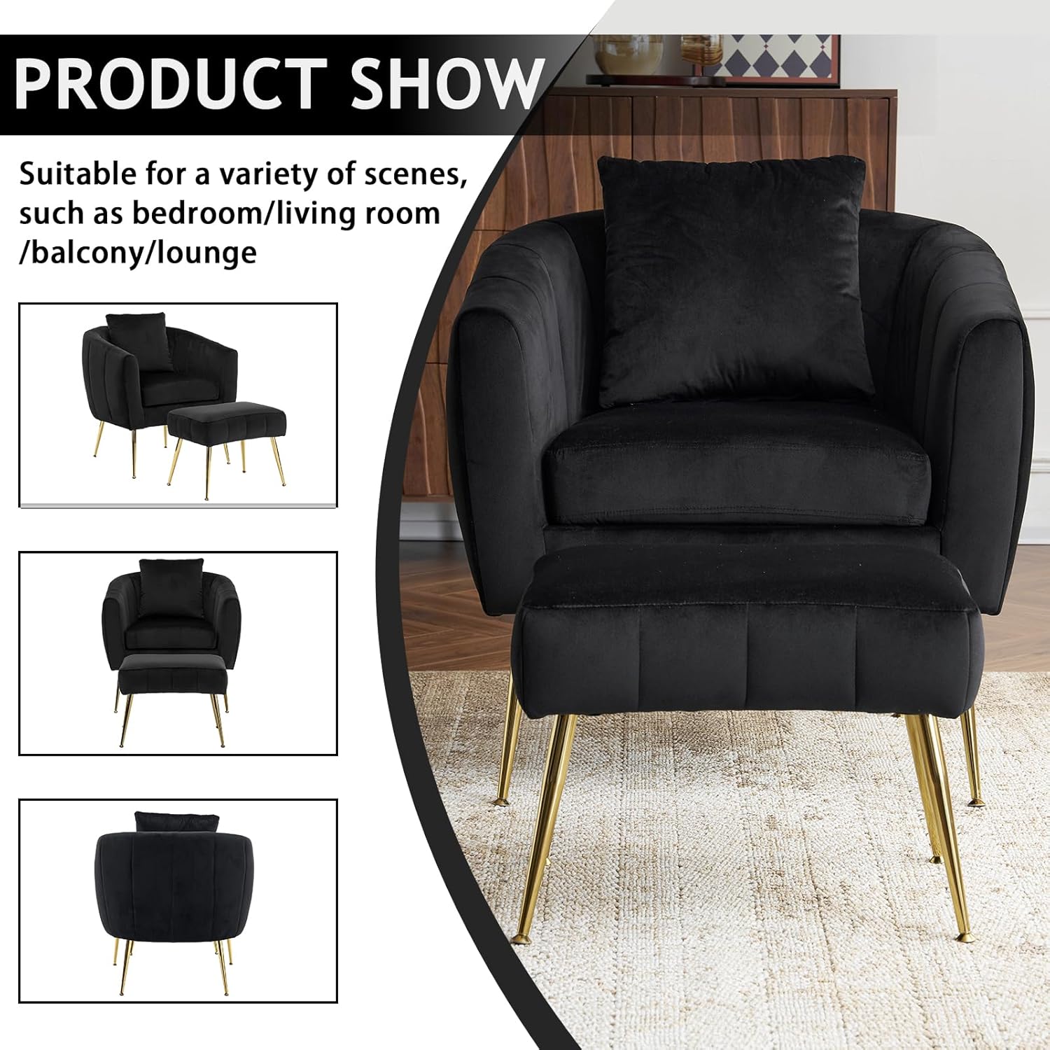 Karl home Velvet Accent Chair Set Barrel Chair with Ottoman Modern Club Chair Reading Armchair with Lumbar Pillow for Living Room, Bedroom, Study Room, Home Office, Black