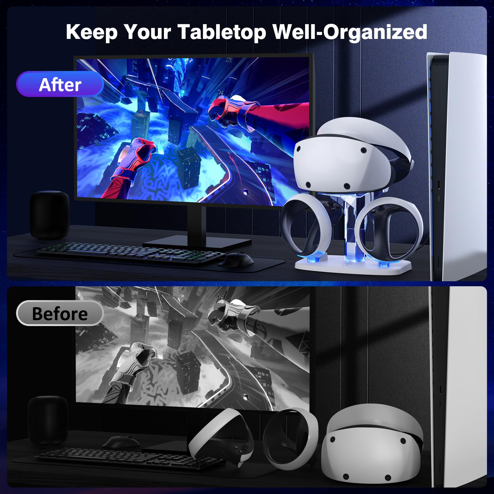 MoKo Stazione di Ricarica Compatibile con PlayStation VR2, con Supporto per Cuffie VR, Caricabatterie di Controller VR2, Protezione da Sovraccarico, Luce LED, Dock di Ricarica per PS VR2