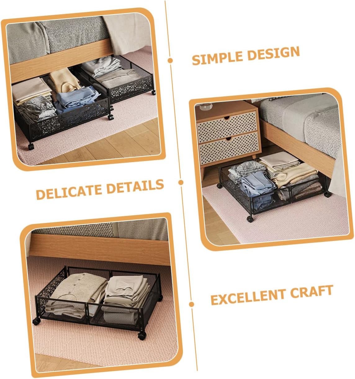 Gatuida Bed Storage Organizer with Wheels Large Stainless Steel Underbed Storage Drawers Space Saving for Bedroom and Dorm Room