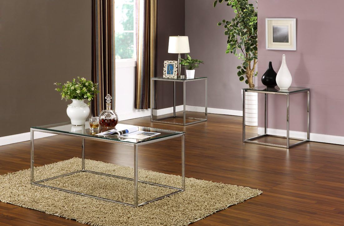 3 Pc. Kings Brand Chrome with Glass Top Coffee Table & 2