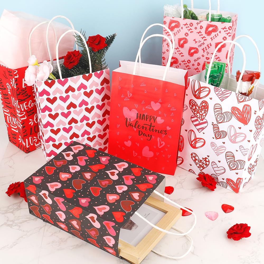 Valentines Gift Bags, 12 PCS Valentine Paper Bags with Handles, Valentines Day Gift Bag, Heart Shaped Valentine Treat Goodie Candy Cookie Bag for Valentine's Day Wedding Holiday Party Favor Supplies