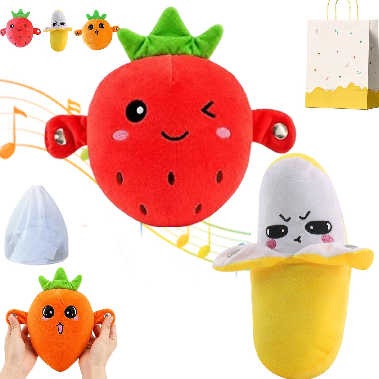 Pnedeodm Interactive Music Plush Toy, Touch-Sensor Soft Interactive Figure for Kids, Fun & Playful Sound-Activated Toys, Touch-Sensitive Banana & Fruit Plush Musical Sensory Toy (2Pcs-A)