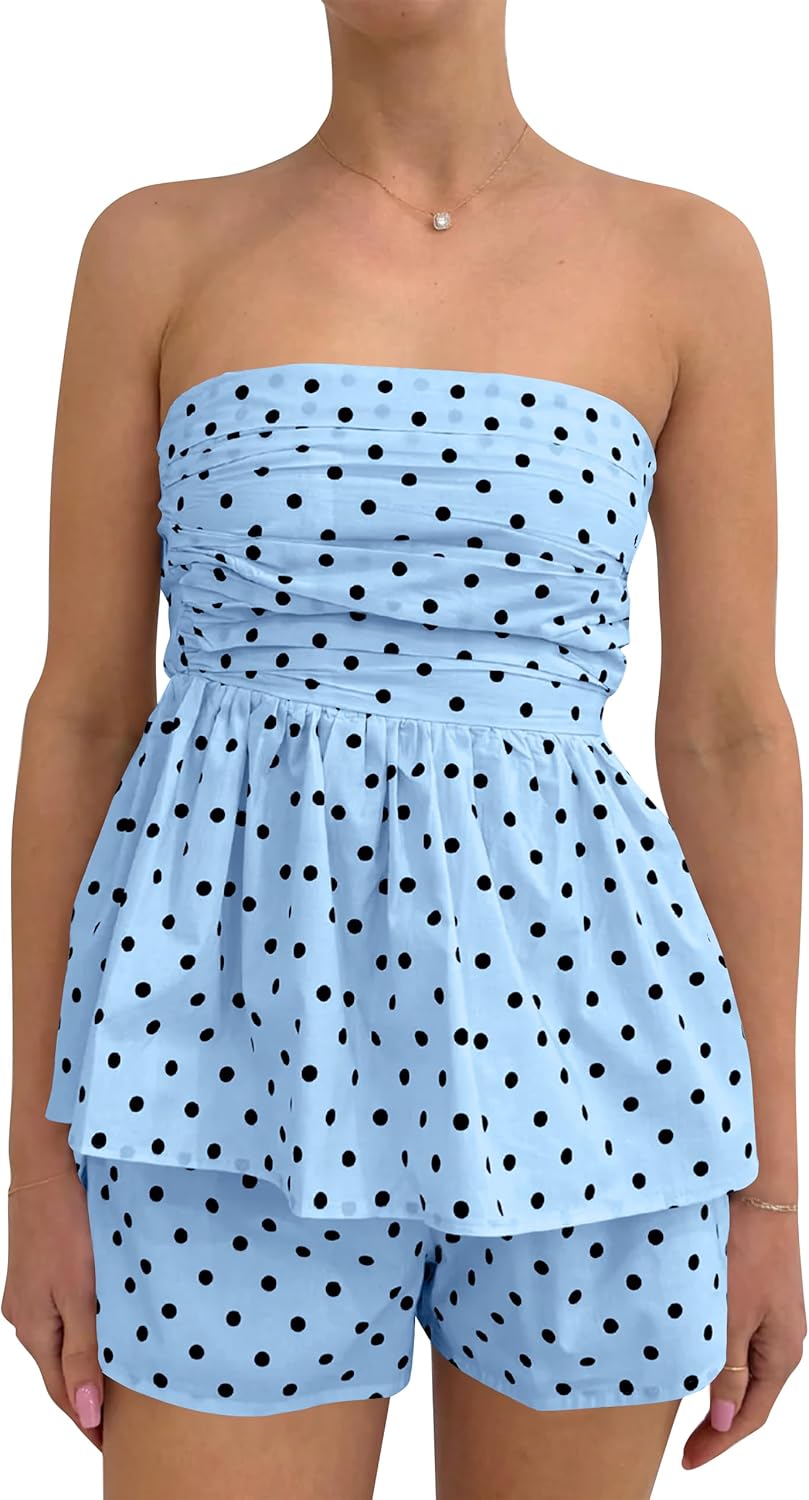 TERIVEEK Polka Dot 2 Piece Lounge Sets for Women Summer Strapless Tube Top and Shorts Set Casual Beach Vacation Matching Set