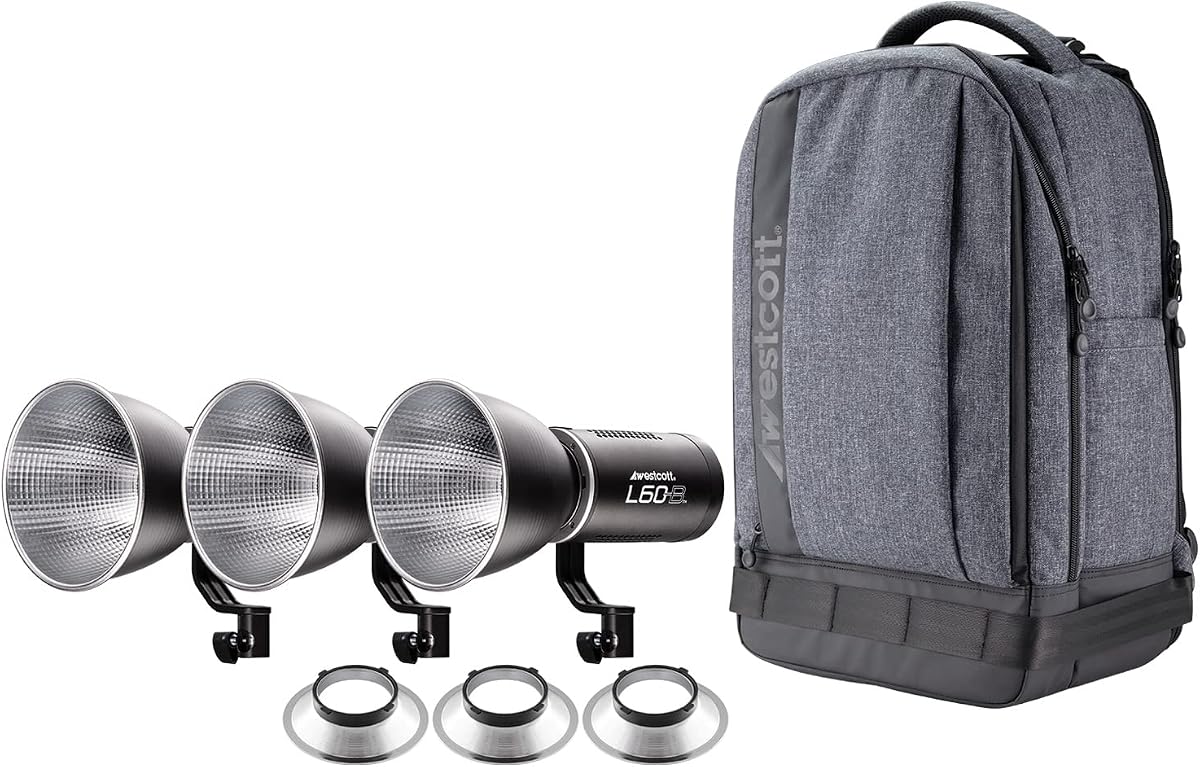 Westcott L60-B Bi-Color COB LED 3-Light Backpack Kit with 3 Ultra Reflectors, 9 FX Modes, 97+ CRI, 98+ TLC, 15,000 Lux at 1meter for Photography & Video Lighting | 3 Ultra Reflectors, for Photography, 97+ CRI, 98+ TLC, 9 FX Modes