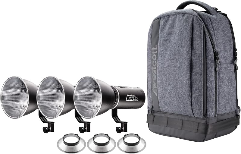 Westcott L60-B Bi-Color COB LED 3-Light Backpack Kit with 3 Ultra Reflectors, 9 FX Modes, 97+ CRI, 98+ TLC, 15,000 Lux at 1meter for Photography & Video Lighting | 3 Ultra Reflectors, for Photography, 97+ CRI, 98+ TLC, 9 FX Modes
