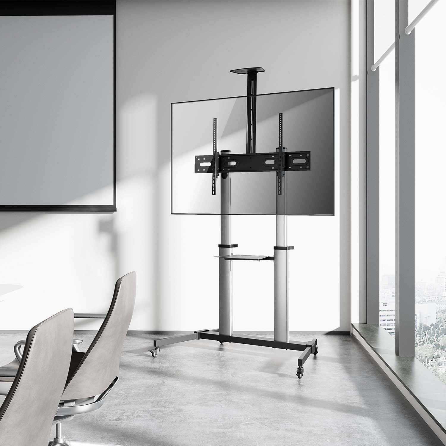 AISENS Soporte de Suelo Pro con Ruedas Bandeja DVD/Cámara para Monitor/TV 100Kg 60-100 Negro/Plata