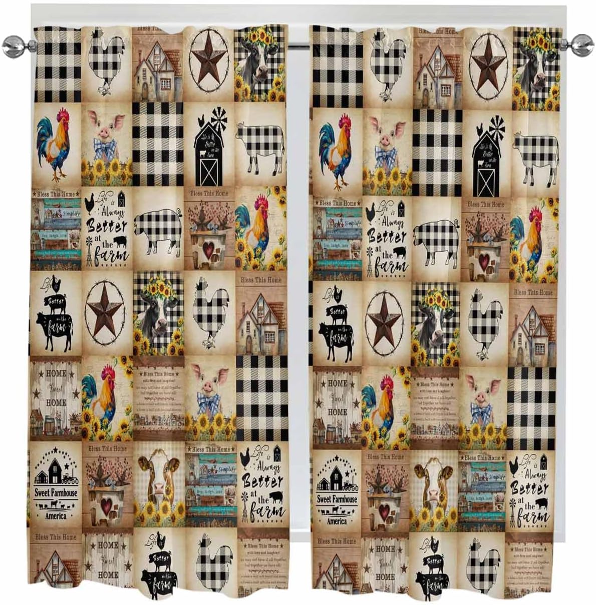 Seven Roses Farmhouse Animals 2 Panel Kitchen Curtains for Windows, Farm Country Cow Pig Rooster Plaid Bathroom Privacy Curtain, Home Décor Window Treatment for Bedroom/Living Room 55"x45"