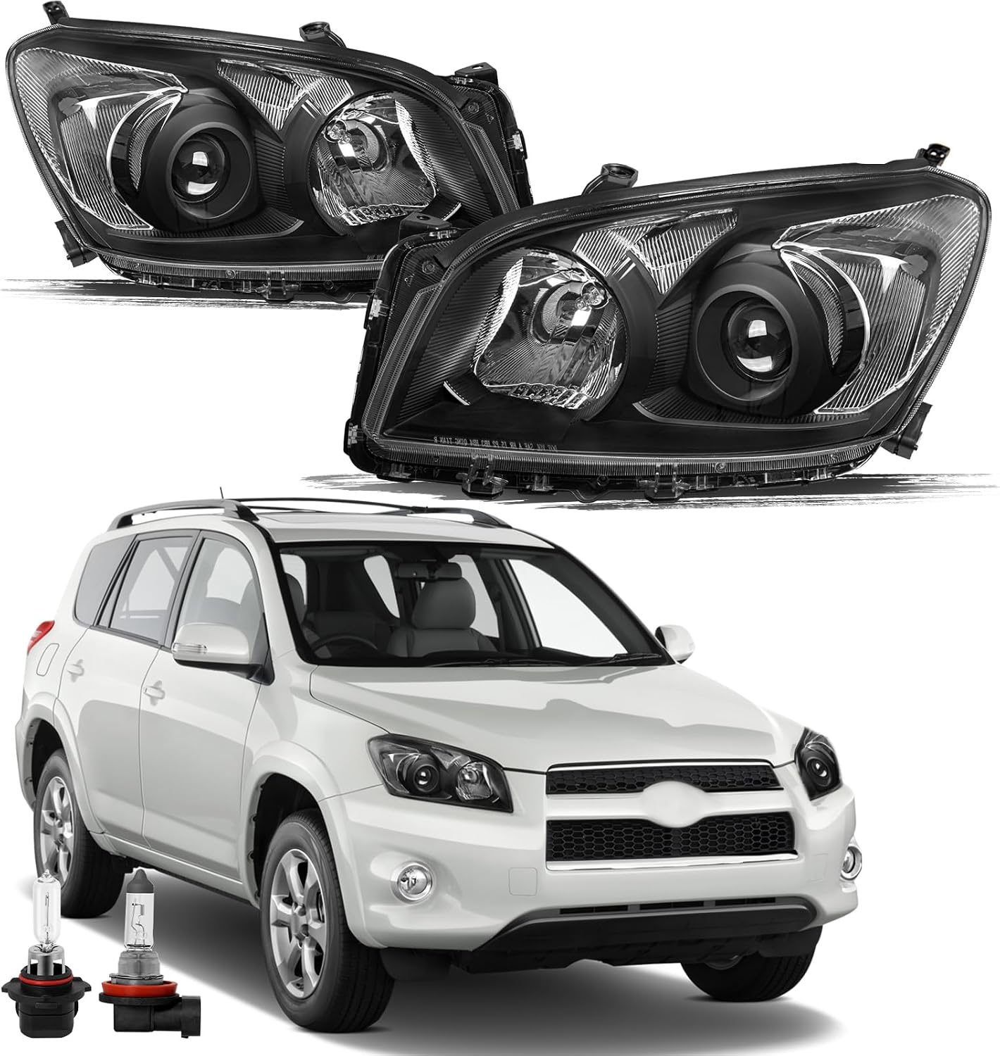 TUSDAR Fits For 2009 2010 2011 2012 Toyota Rav4 Headlights Replacement Headlight Assembly, Black Housing with Clear Reflector