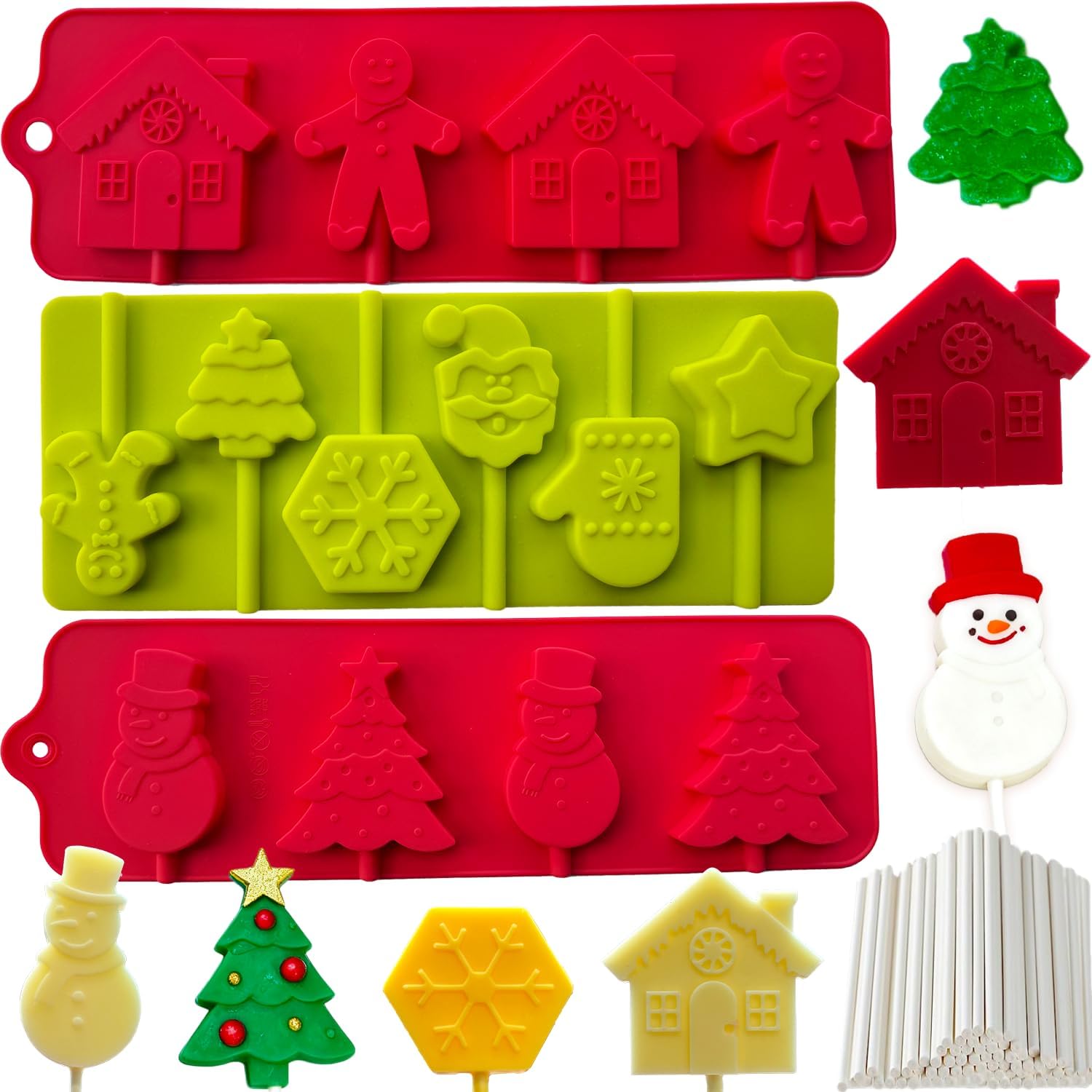 Christmas Lollipop Molds, 3 Pack Christmas Candy Chocolate Molds with Gingerbread Christmas Tree Snowflake Santa Face Lollipop Mold Xmas Lolly Pop Sucker Molds Hard Candy Mold with 100 Lollipop Sticks