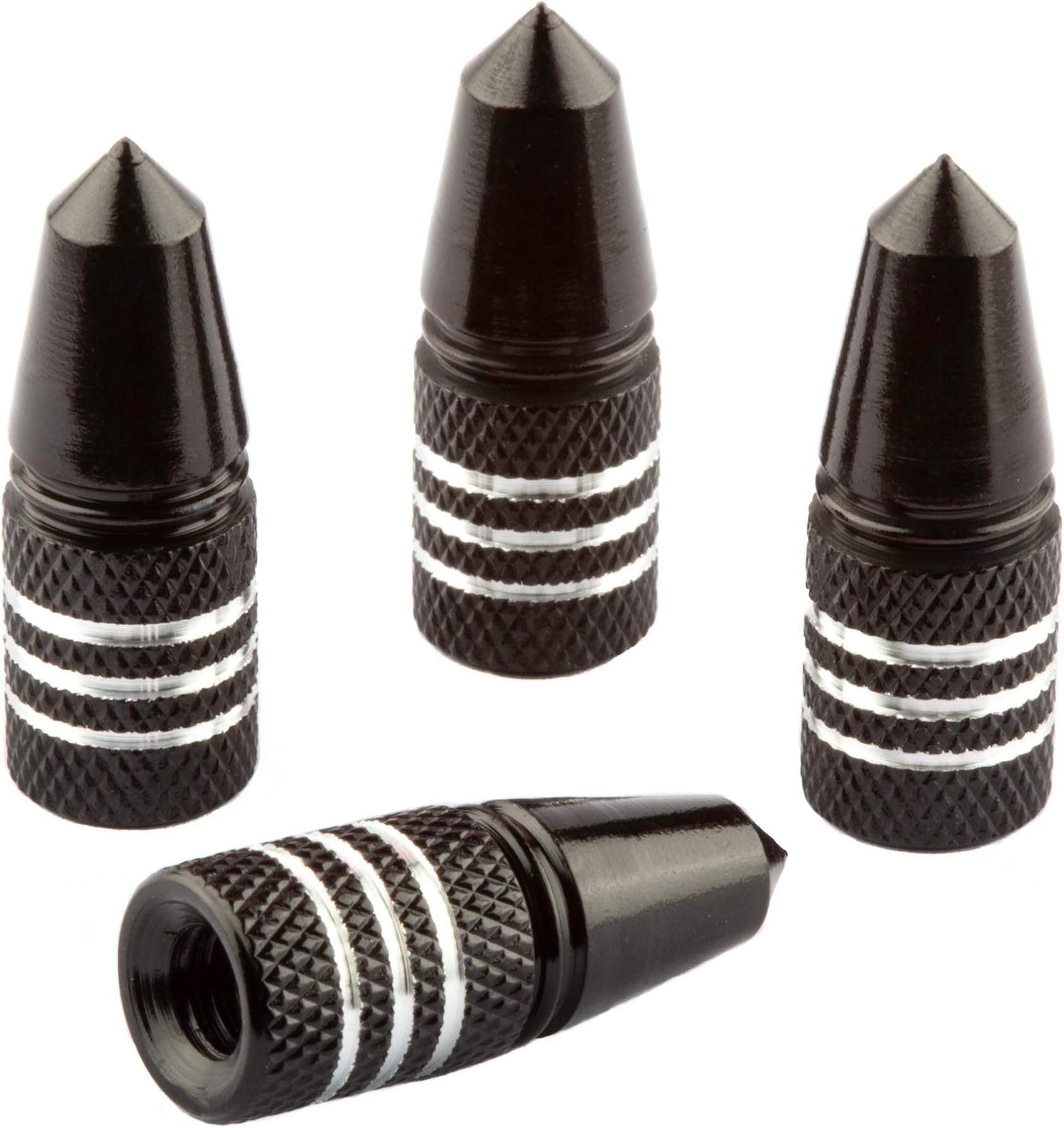 Presta Valve Caps - Anodized Aluminum - Use On Presta/French Valves - Designs: Bullet, Rocket, Hamburger, Pocket Rocket (4 Pack)