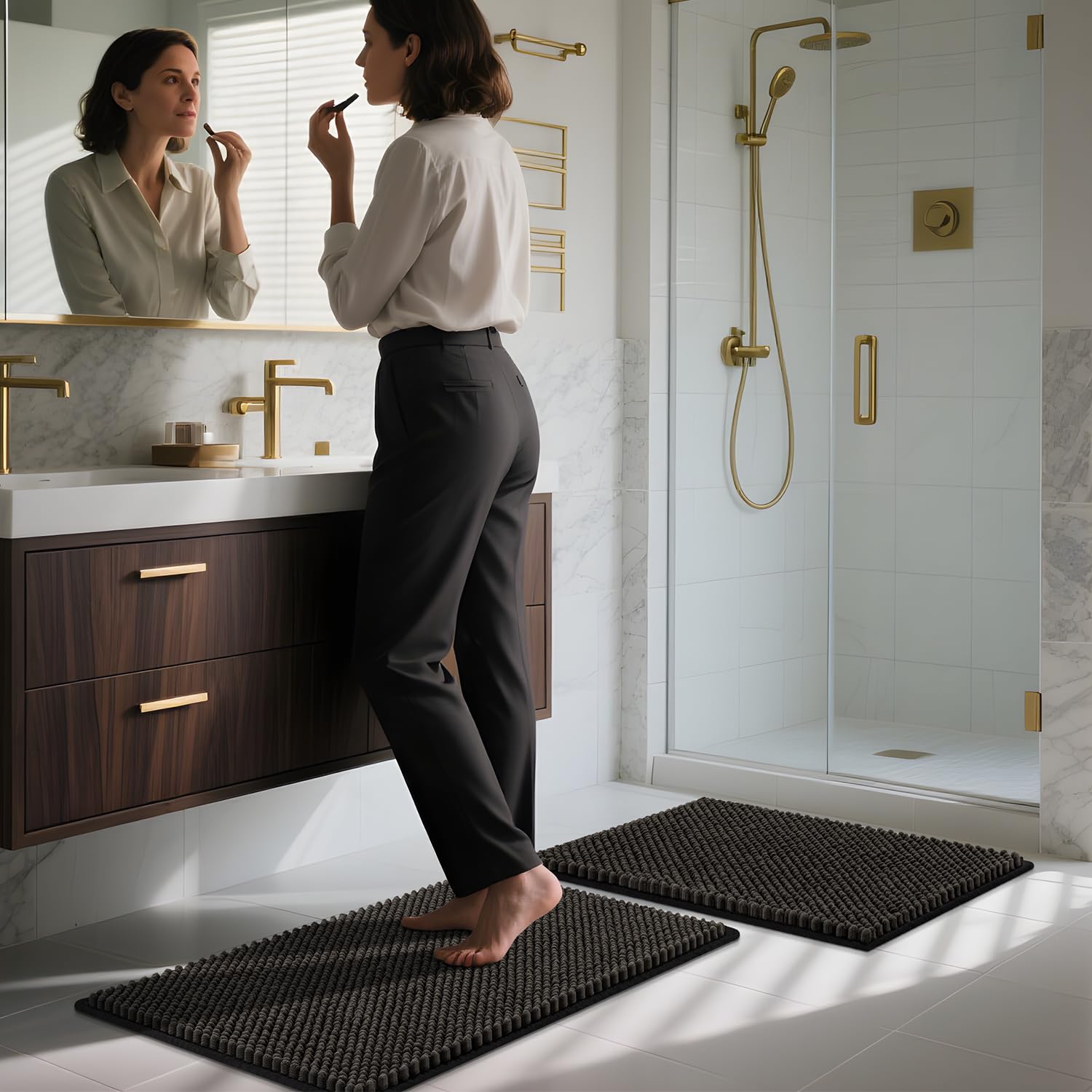 BSICPRO Bathroom Rugs Set Chenille Bath Mats Non Slip-Thick Soft Absorbent Bath Rug-Shower Floor Mat Machine Washable-Bathroom Decor Accessories (Black)