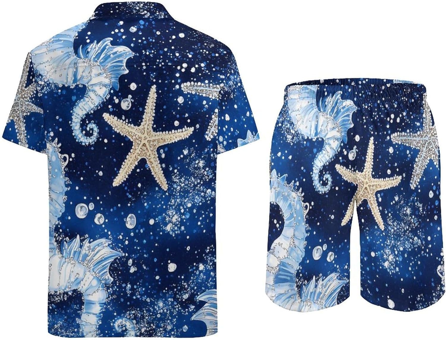 Seahorses And Starfish Men's Summer Beach 2 Piece Outfits | hawaiian button down shirt and shorts,vacation cruise,mens bathing suit
