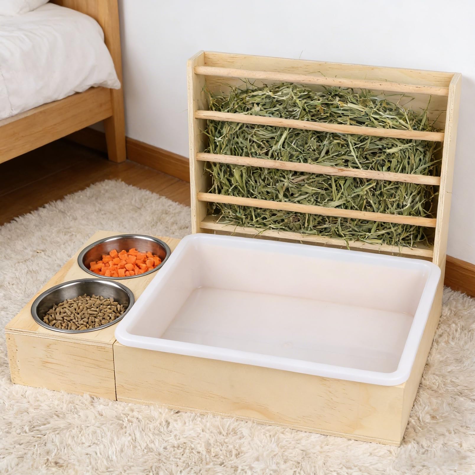 Mangeoire à foin 3 en 1 pour lapin avec bac à litière et bols - Station d'alimentation en bois avec support à foin - Distributeur de nourriture pour lapin - Pour cochon d'Inde, hamster, chinchilla et