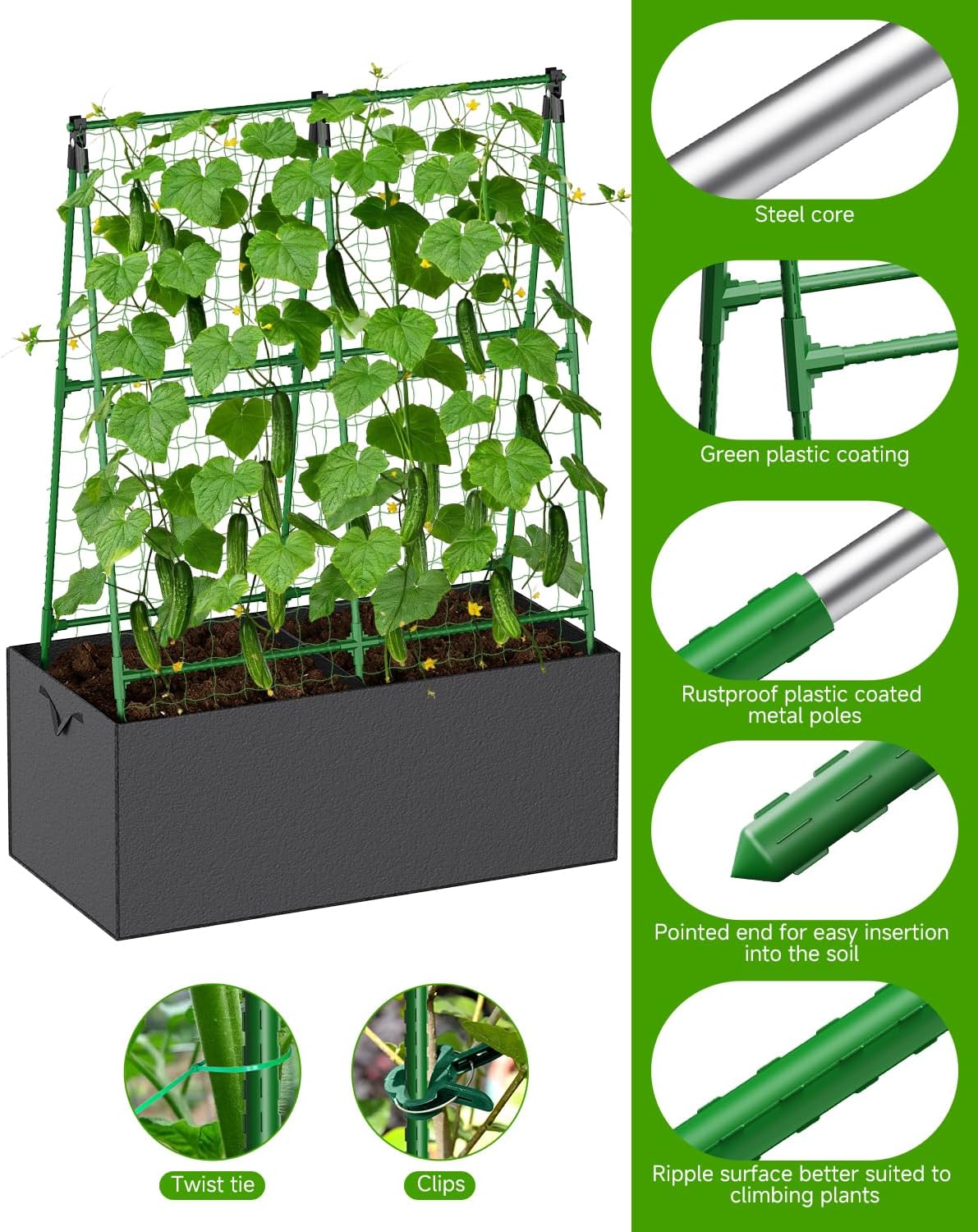 Cucumber Trellis with for Climbing Plants, A-Shape Garden Trellis with Grow Bags, Metal Plant Trellis with Garden Netting for Vegetables Flowers Fruits