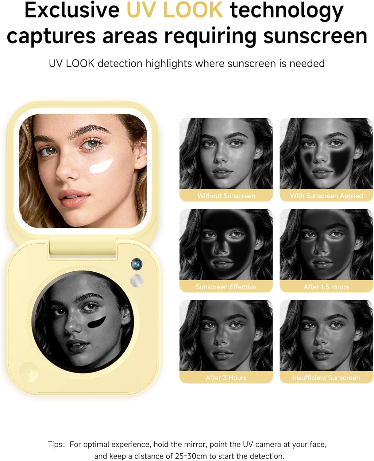 inewme Mini UV Camera Mirror for Sunscreen Check, Portable 3" Compact Travel Mirror with LED Light & UV-Sensing Color Changing Shell, 3-Color Dimming, Tech Beauty Gift for Skincare Lovers - Image 2