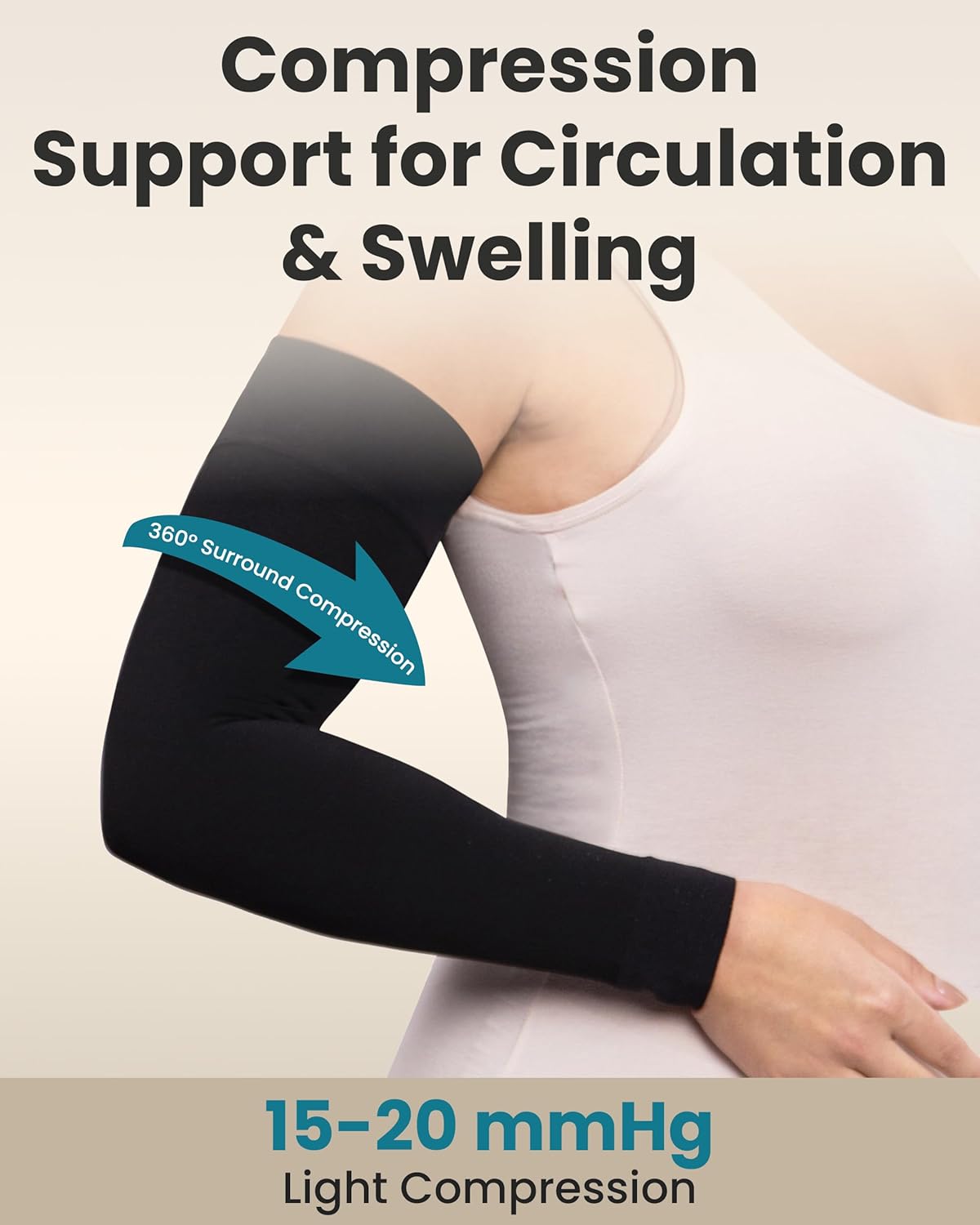 KEMFORD Lymphedema Compression Arm Sleeves for Women - 15–20 mmHg, Without Silicone Grip, 1 Pair, Black, 2XL – Arm Support for Swelling & Edema - Image 3