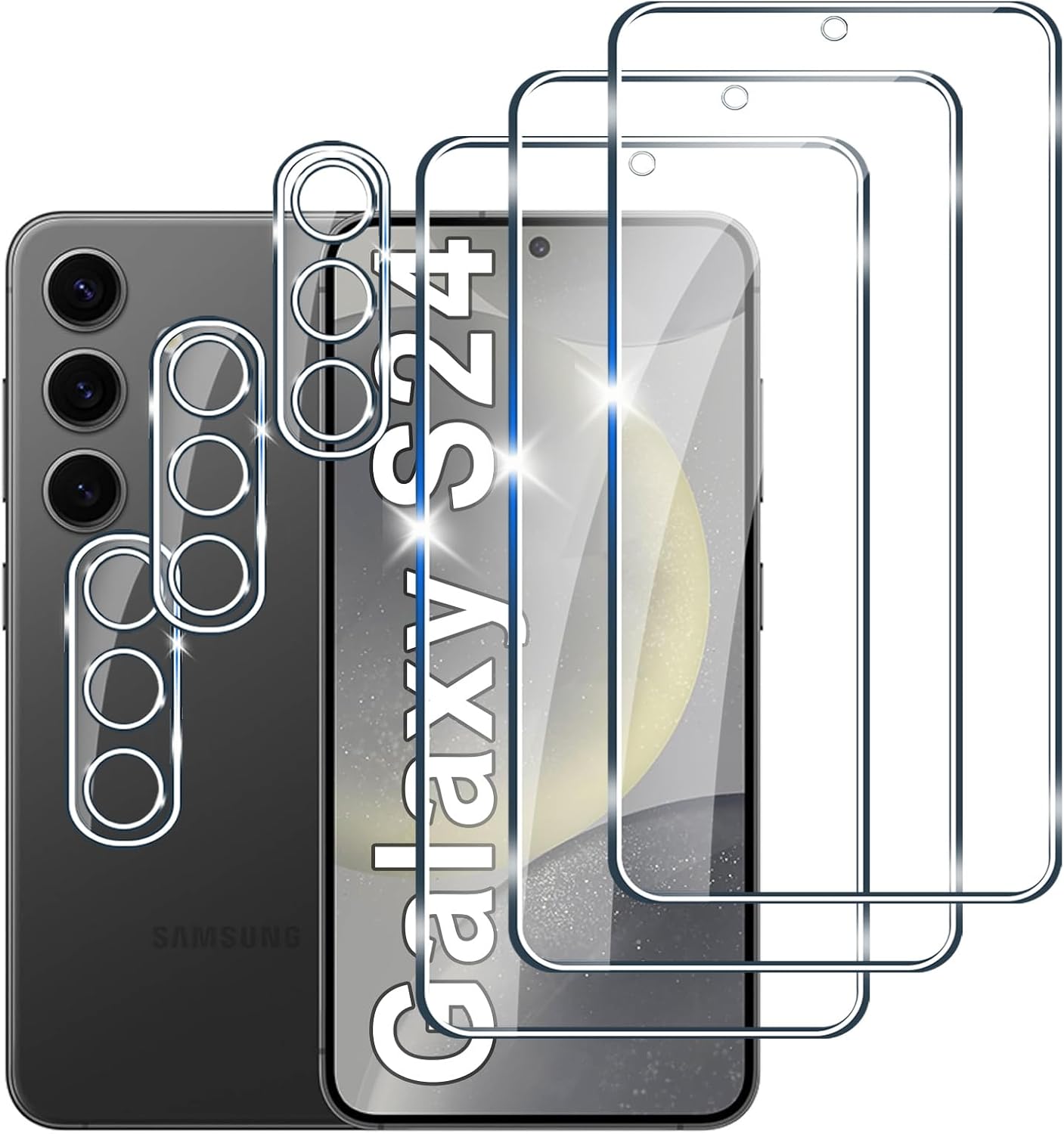 [3+3 Pieces] Tempered Glass Screen Protector for Samsung Galaxy S24 3 Pieces Camera Protective Film 9H Hardness Screen Protector Anti-Scratch Super Clear Film Anti-Bubble Tempered Glass