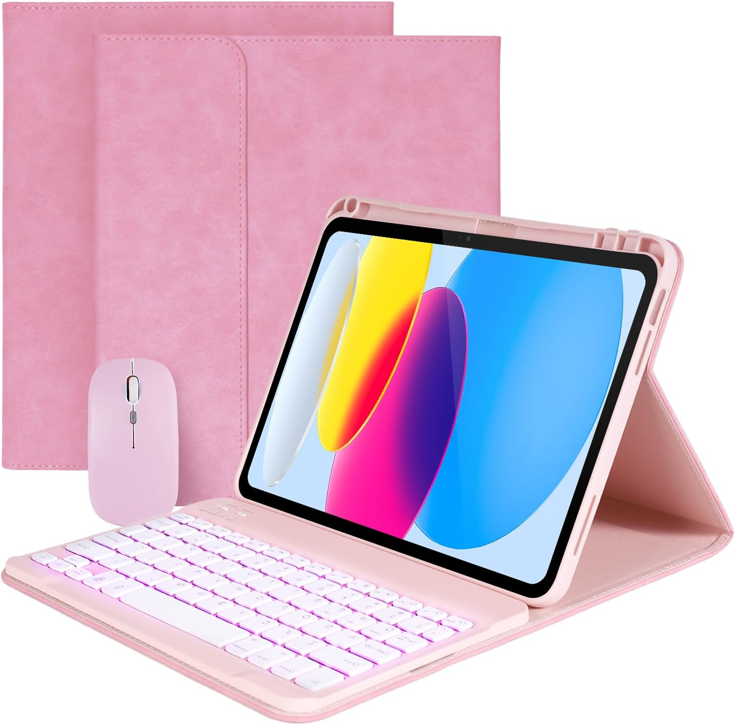 Case Keyboard for 11 inch iPad 11th (A16, 2025) / 10th Generation,Mouse and Detachable Wireless 7 Color Rainbow Backlight Magnetic Keyboard,Premium PU Leather Cover with Auto Sleep/Wake,Pink+Mouse