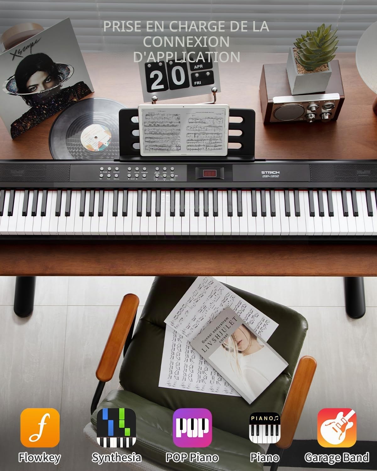 STRICH Piano numérique 88 touches - Clavier électrique complet avec support, touches sensibles semi-lestées - Kit de piano électrique portable pour débutant - Pack avec pédale sustain - Casques, Music