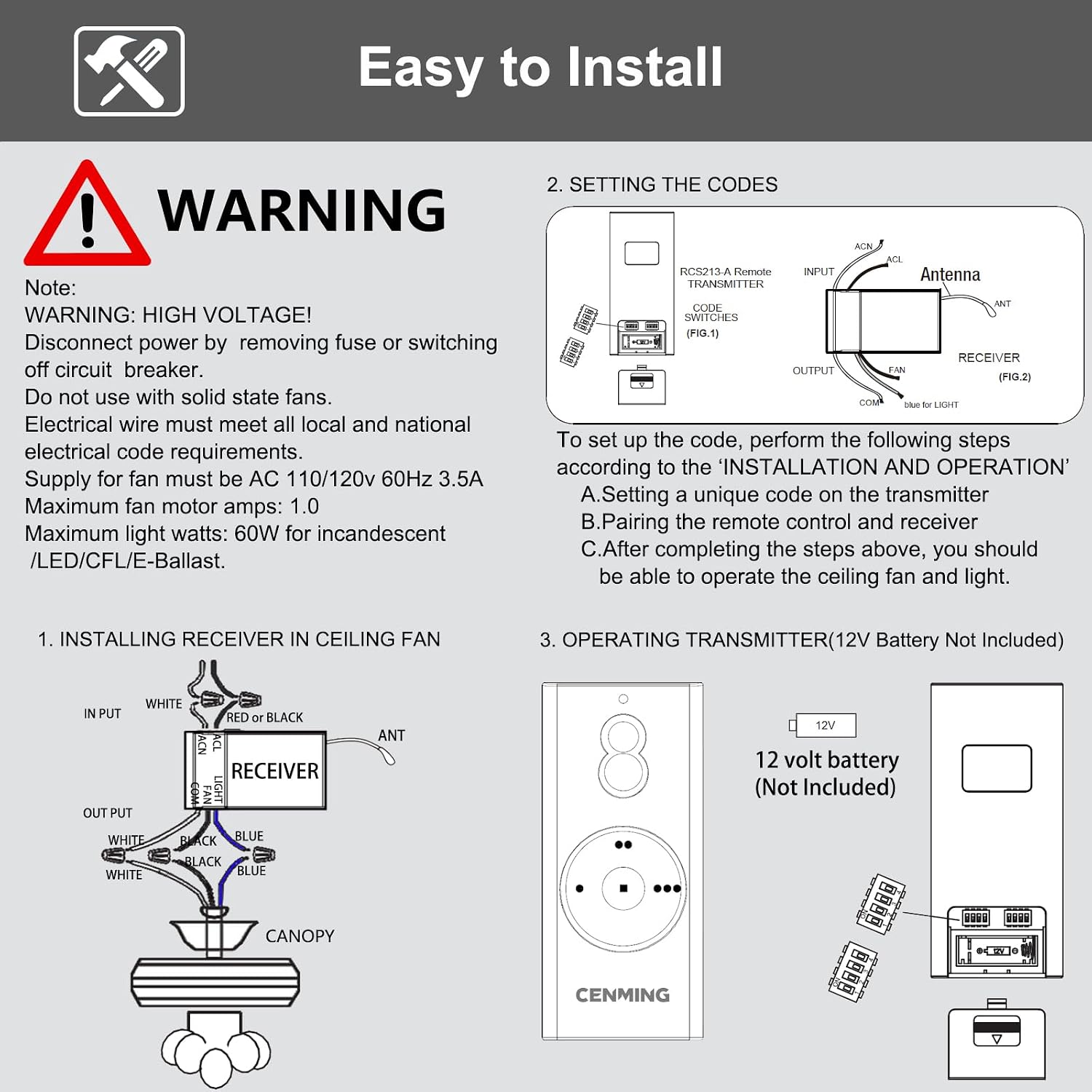 CENMING RCS213-A Ceiling Fan Remote Control Kit Replacement Compatible with Minka Aire Hand-Held Remote Control System RCS223 RCS223L, 3-Speed w/Small Receiver, for Most 120V AC Ceiling Fan Light