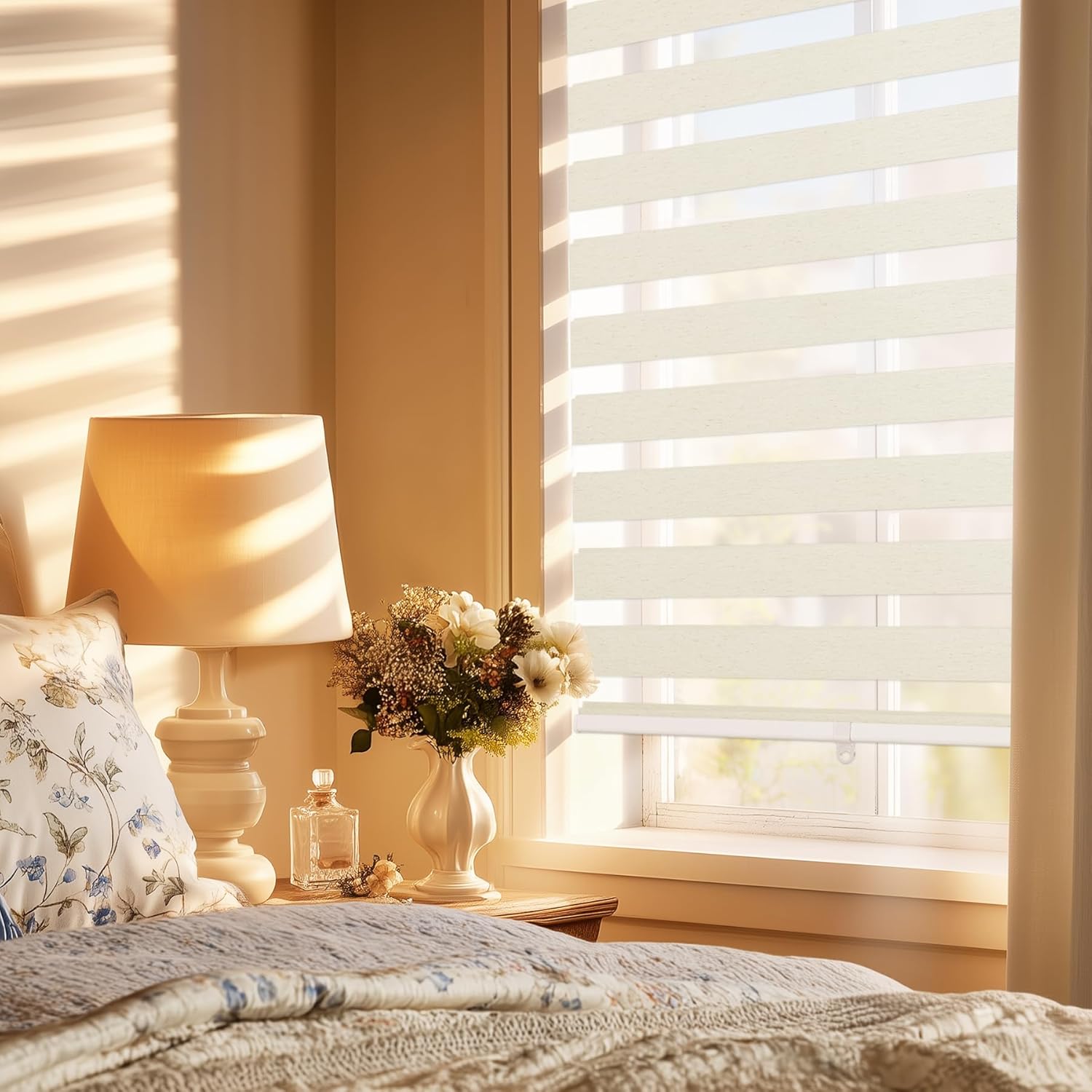 HESTIA Cordless Light Filtering Zebra Shades, Natural Woven Linen Fabric Roller Blinds for Indoor Windows, Dual Layer for Day & Night Light Control in Bedroom/Living Room/Office, Linen, 31" W x 54" H