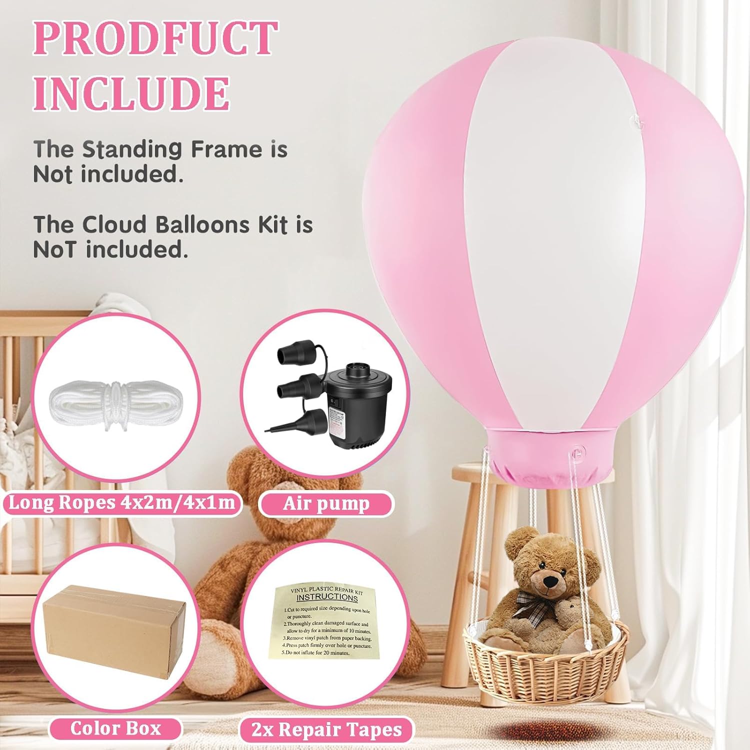 3ft hot air balloon decorations with air pump, hanging balloon for girls boys baby, for birthday wedding exhibitions, pink