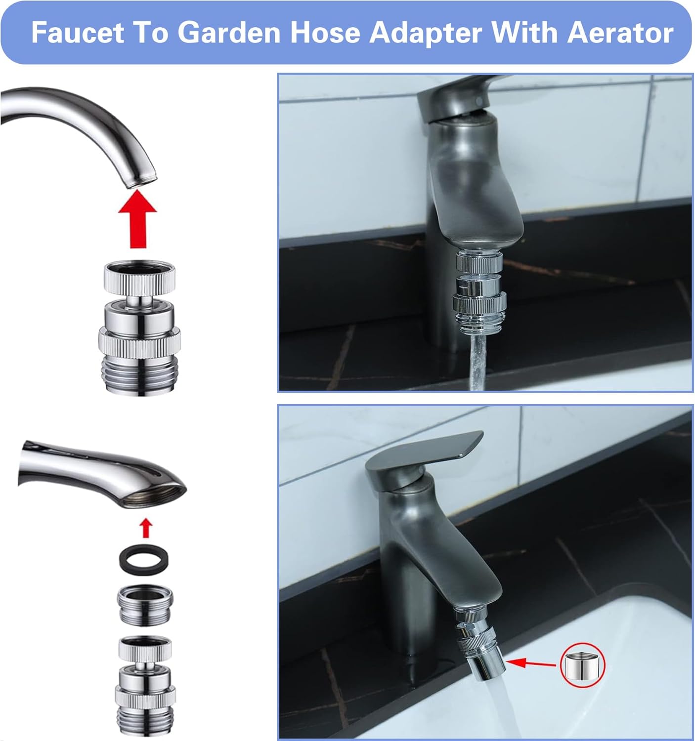 Sink Faucet Adapter Kit,360 Degree Swivel Faucet to Garden Hose Adapter,Multi-Thread Garden Hose Adapter for Bathroom Kitchen,3/4" GHT thread Chrome