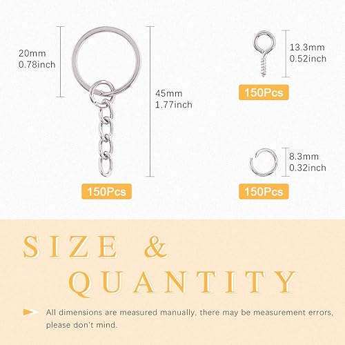 Miniatura 2 de Rustark Juego de 450 llaveros planos plateados con cadena, 150 anillos de llavero abiertos a granel y 150 tornillos en estuche para manualidades (1