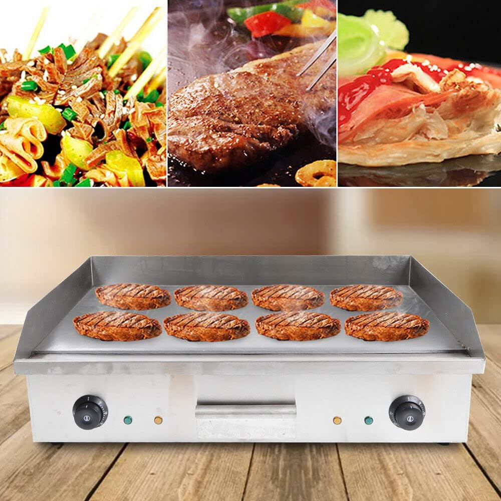 110V 3000W Double Control Electric Griddle Cooktop Commercial Flat Top Grill Temperature Adjustable 50-300℃ BBQ Hot Plate for Home Kitchen Party Restaurant Silver (28.62x15.75x9.06")