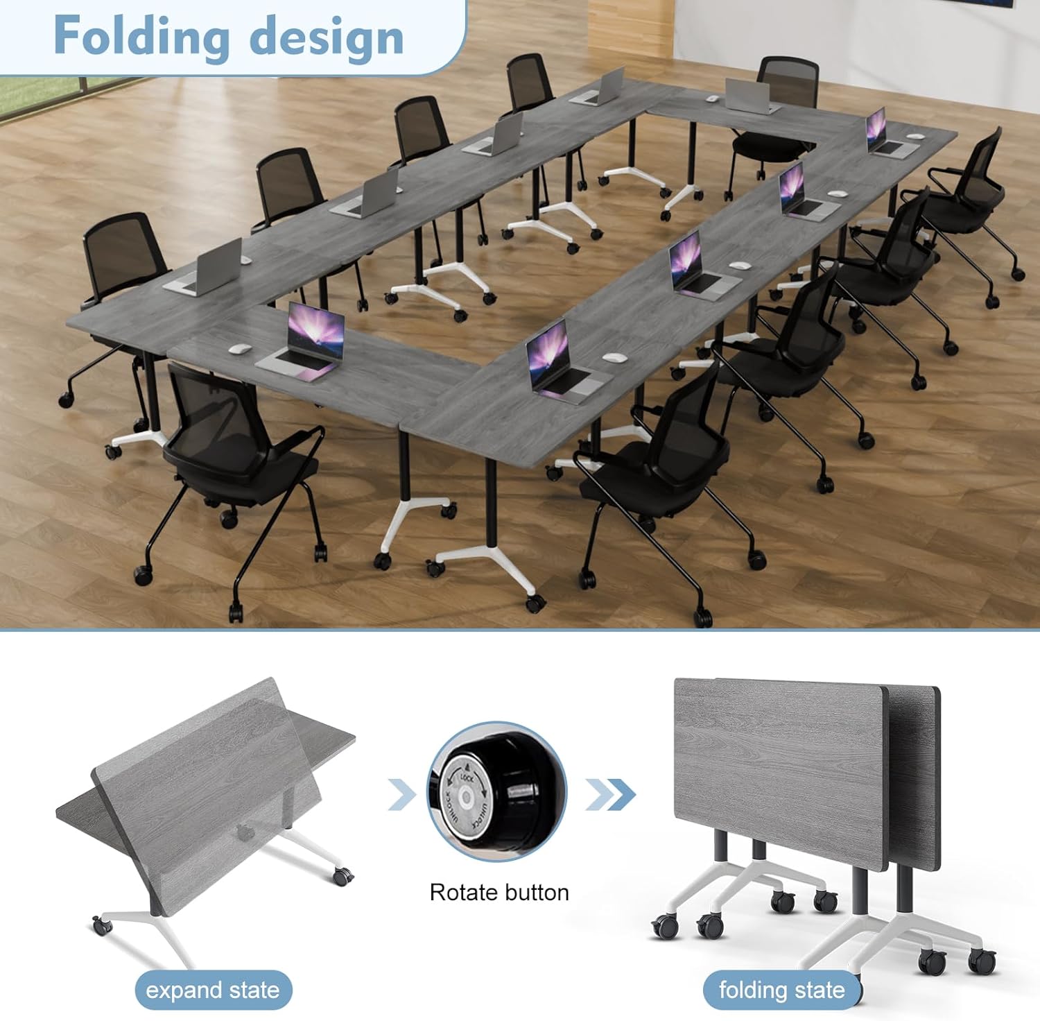 Folding Conference Table with Wheels - Mobile Training Table Rectangular Group Room Tables for Office,Meeting Room,School,Wooden(4, Gray, 71IN)