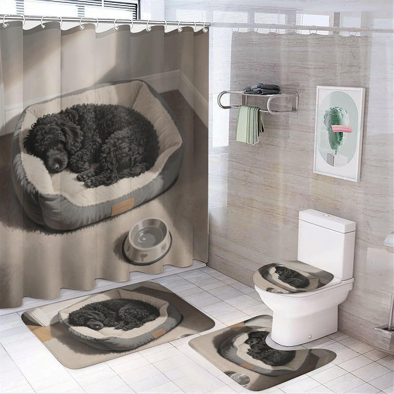 Poodle Shower Curtain Set 4 Piece, Non-Slip Bath Mat with Toilet Lid Cover and Waterproof Shower Curtain with 12 Hooks, Complete Bathroom Set for Home Decor