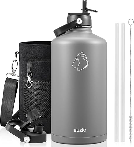 Miniatura 11 de BUZIO Botella de agua aislada de 24 oz, frasco de agua de boca ancha de acero inoxidable con tapa de pajita, frío durante 48 horas a prueba de